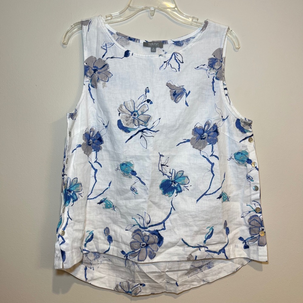 Habitat Sleeveless Blouse Tank White Blue Floral Side Buttons Linen Blend Medium